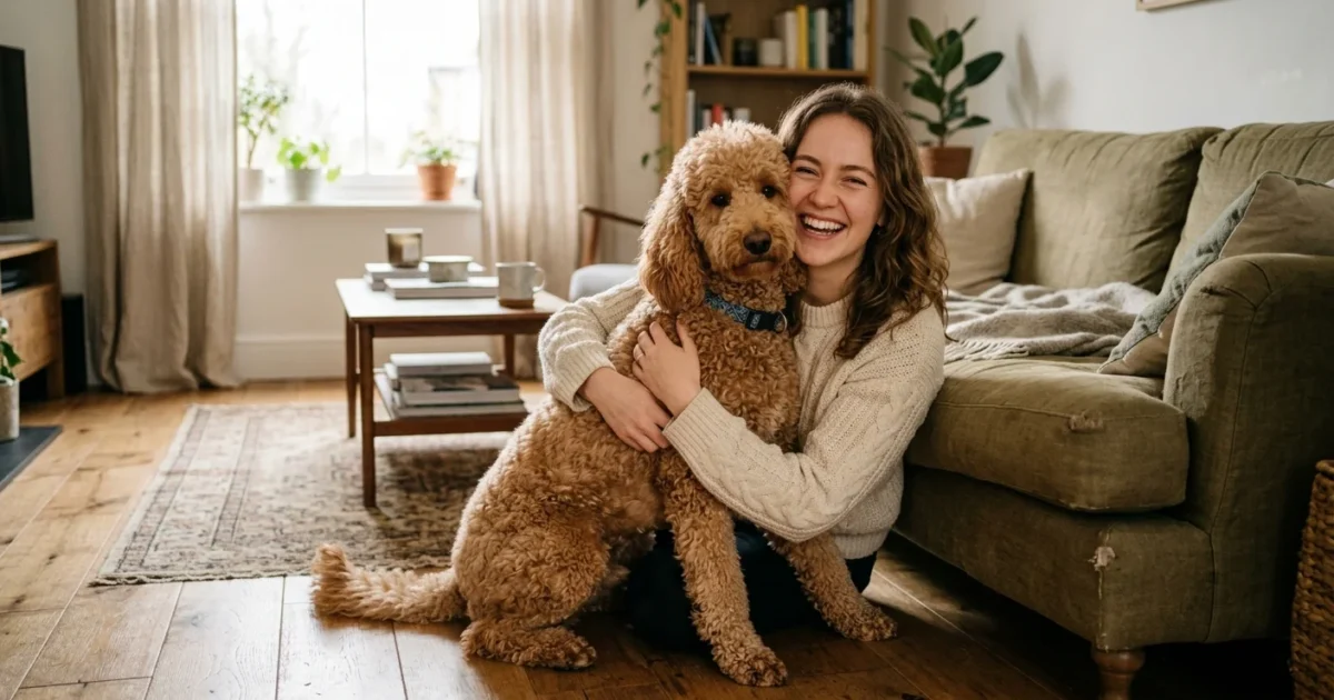 A candid photograph of a woman hugging a well-groomed apricot Standard Poodle on the floor of a sunlit living room.