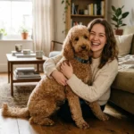 A candid photograph of a woman hugging a well-groomed apricot Standard Poodle on the floor of a sunlit living room.