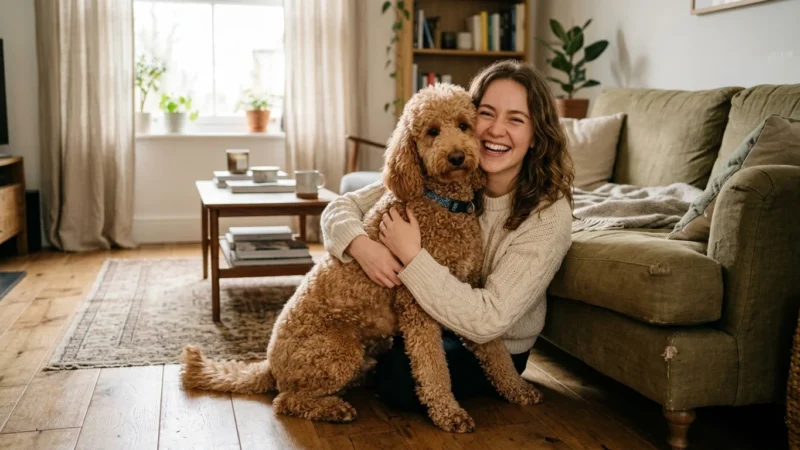 A candid photograph of a woman hugging a well-groomed apricot Standard Poodle on the floor of a sunlit living room.