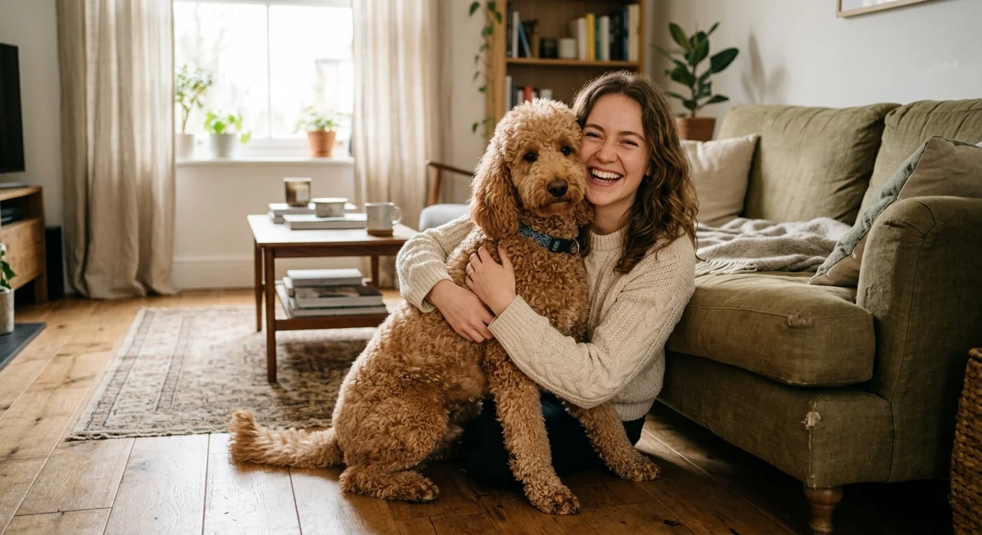 A candid photograph of a woman hugging a well-groomed apricot Standard Poodle on the floor of a sunlit living room.