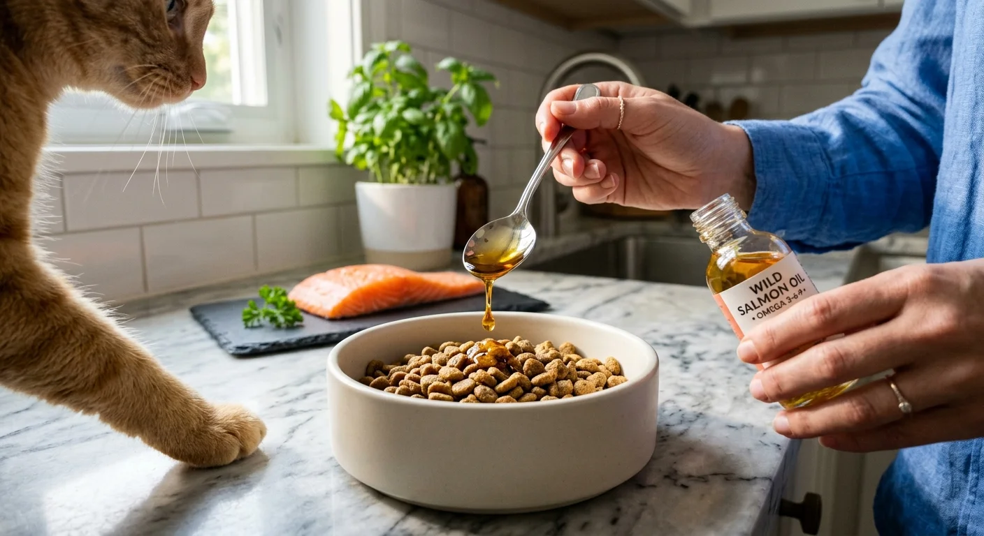 A ceramic bowl of cat kibble being drizzled with golden salmon oil on a bright kitchen counter.