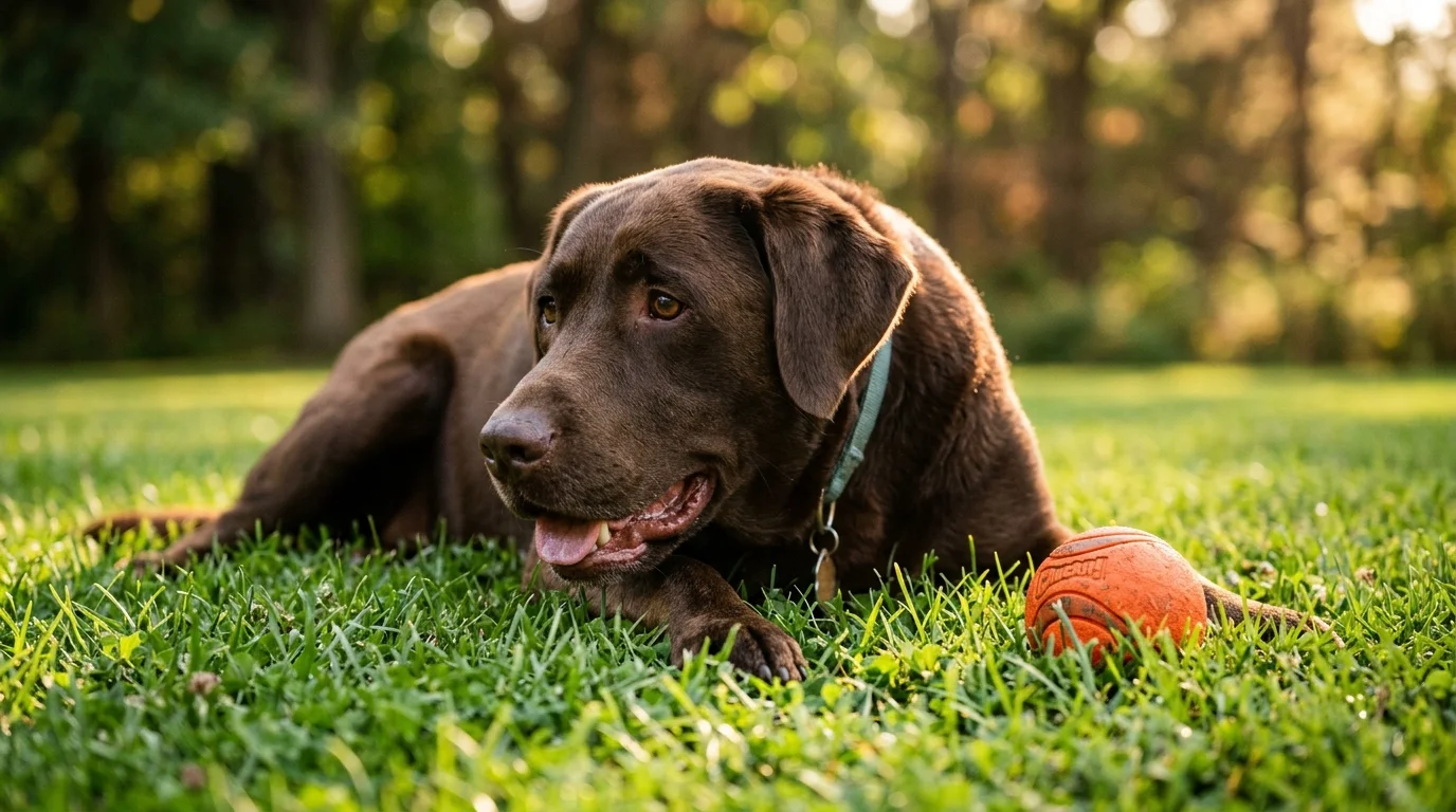 A chocolate Labrador retriever rests on the grass next to a toy, showing signs of fatigue after a short walk.