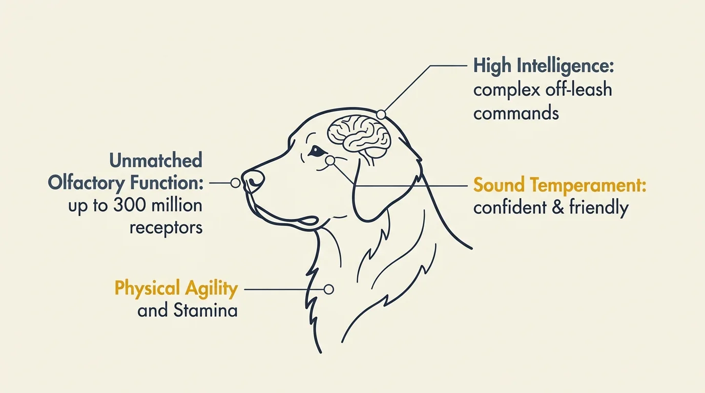 A clean minimalist diagram showing the core traits of a search and rescue dog, including smell, stamina, intelligence, and temperament.