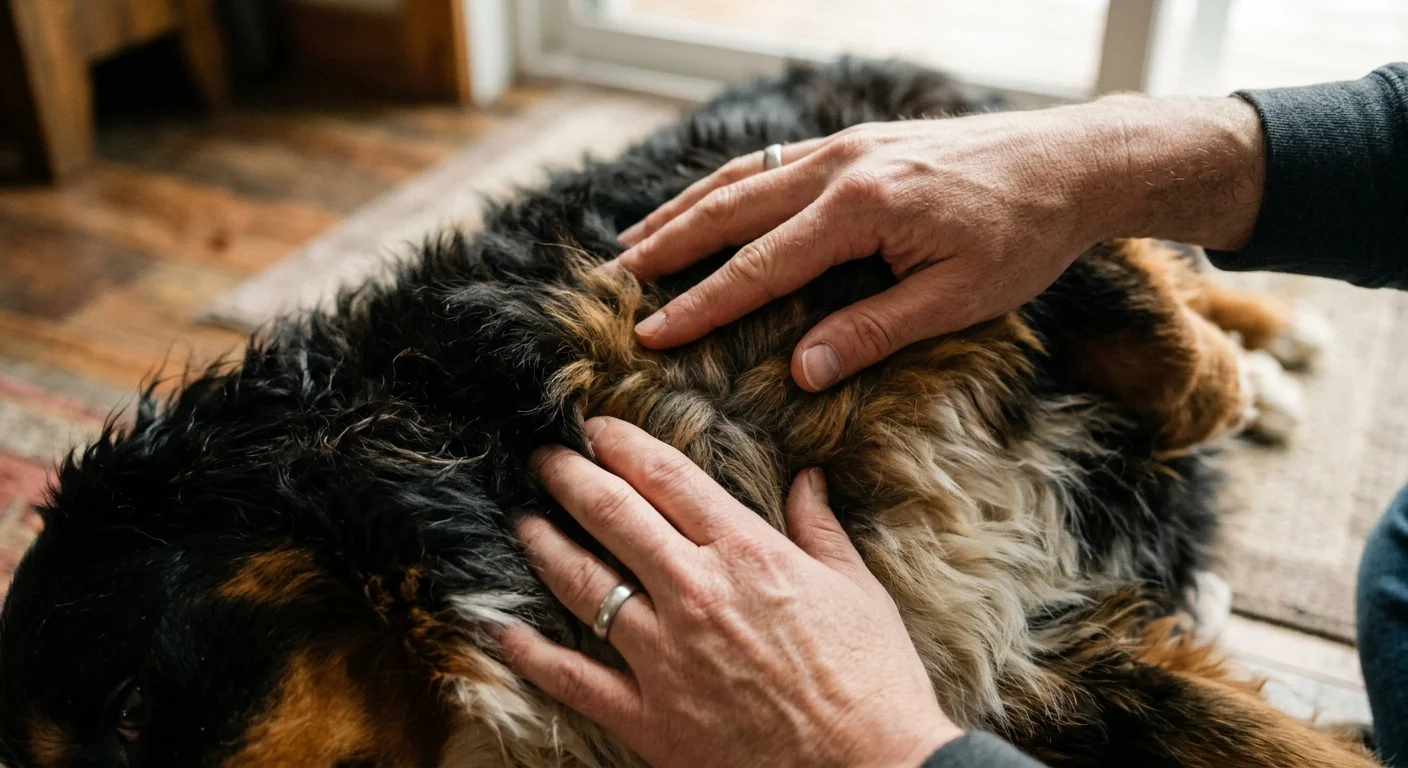 A close-up photo of hands gently feeling the ribcage of a fluffy dog to assess its physical condition.