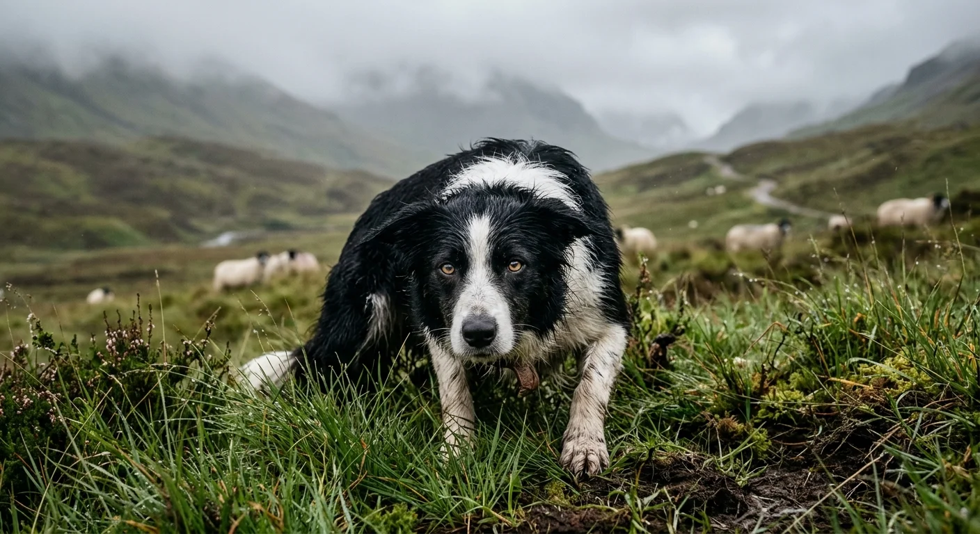 A close-up photograph of a Border Collie crouching in a grassy field, staring intensely forward with a focused gaze.