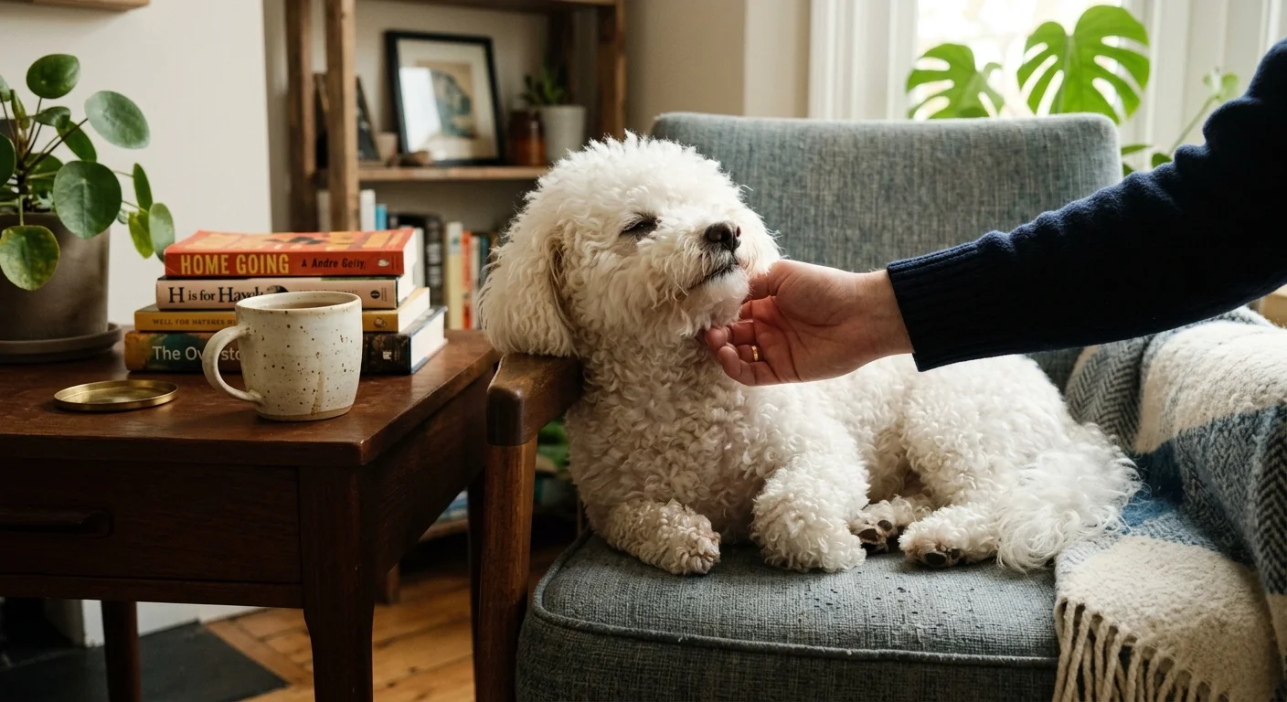A fluffy white Bichon Frise relaxes in a mid-century modern armchair while being gently petted.