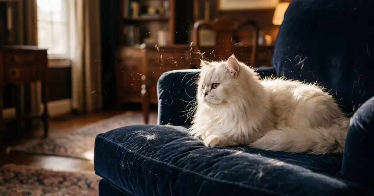 A fluffy white Persian cat sits on a navy blue velvet chair with loose fur floating in a sunbeam.