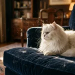 A fluffy white Persian cat sits on a navy blue velvet chair with loose fur floating in a sunbeam.