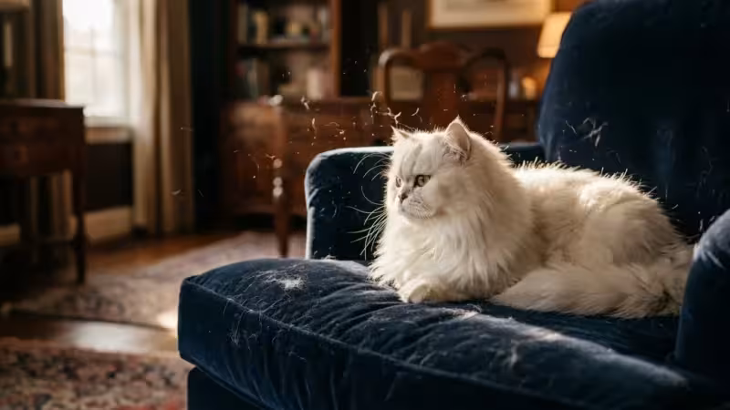 A fluffy white Persian cat sits on a navy blue velvet chair with loose fur floating in a sunbeam.