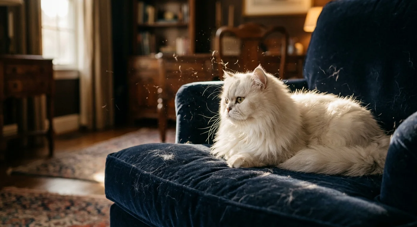 A fluffy white Persian cat sits on a navy blue velvet chair with loose fur floating in a sunbeam.