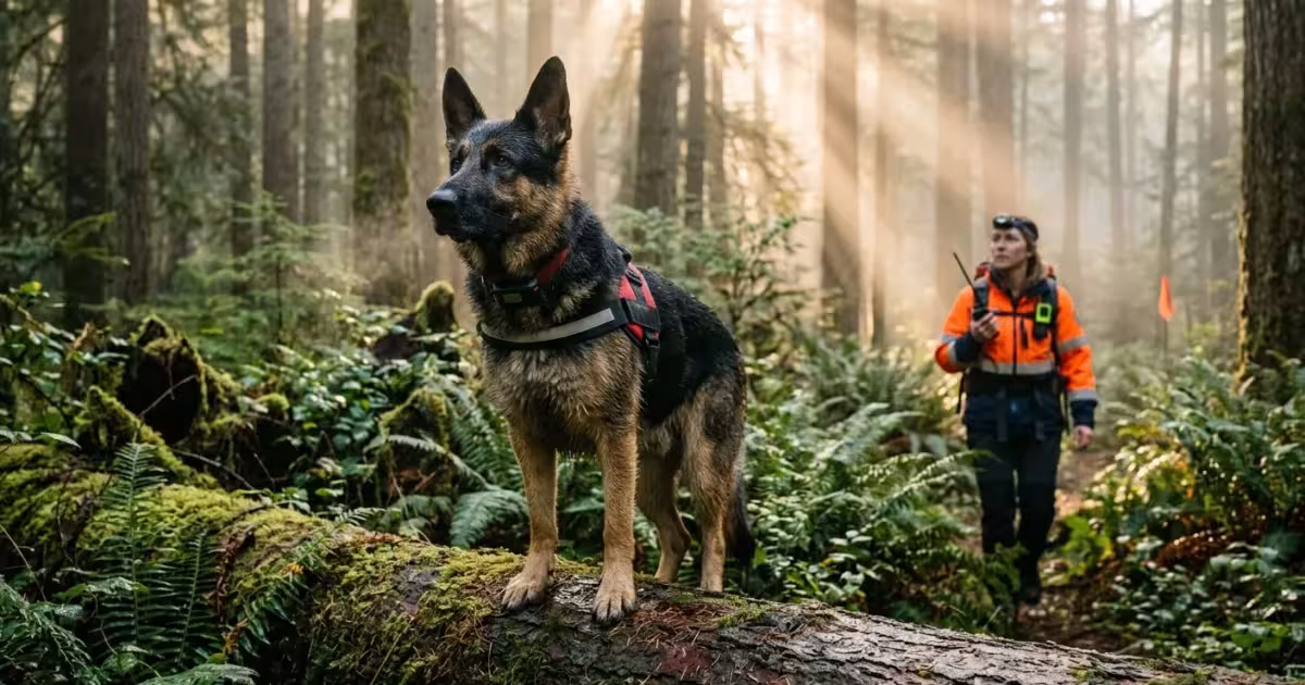 A German Shepherd search and rescue dog stands alert on a mossy log in a misty forest while its handler walks in the background.