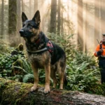 A German Shepherd search and rescue dog stands alert on a mossy log in a misty forest while its handler walks in the background.