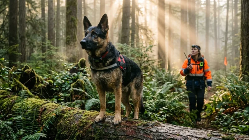 A German Shepherd search and rescue dog stands alert on a mossy log in a misty forest while its handler walks in the background.
