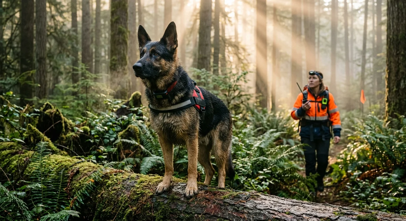 A German Shepherd search and rescue dog stands alert on a mossy log in a misty forest while its handler walks in the background.
