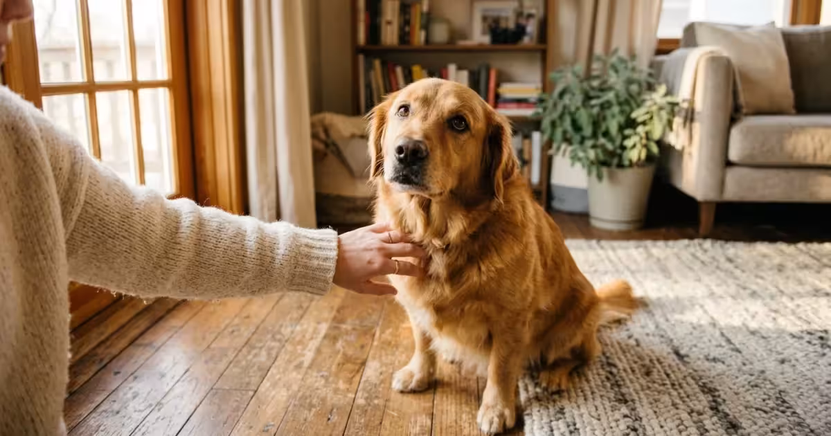 A golden-mix dog sits on a wooden floor in a sunlit living room, receiving a gentle pat from its owner.