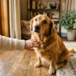 A golden-mix dog sits on a wooden floor in a sunlit living room, receiving a gentle pat from its owner.