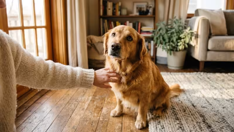A golden-mix dog sits on a wooden floor in a sunlit living room, receiving a gentle pat from its owner.