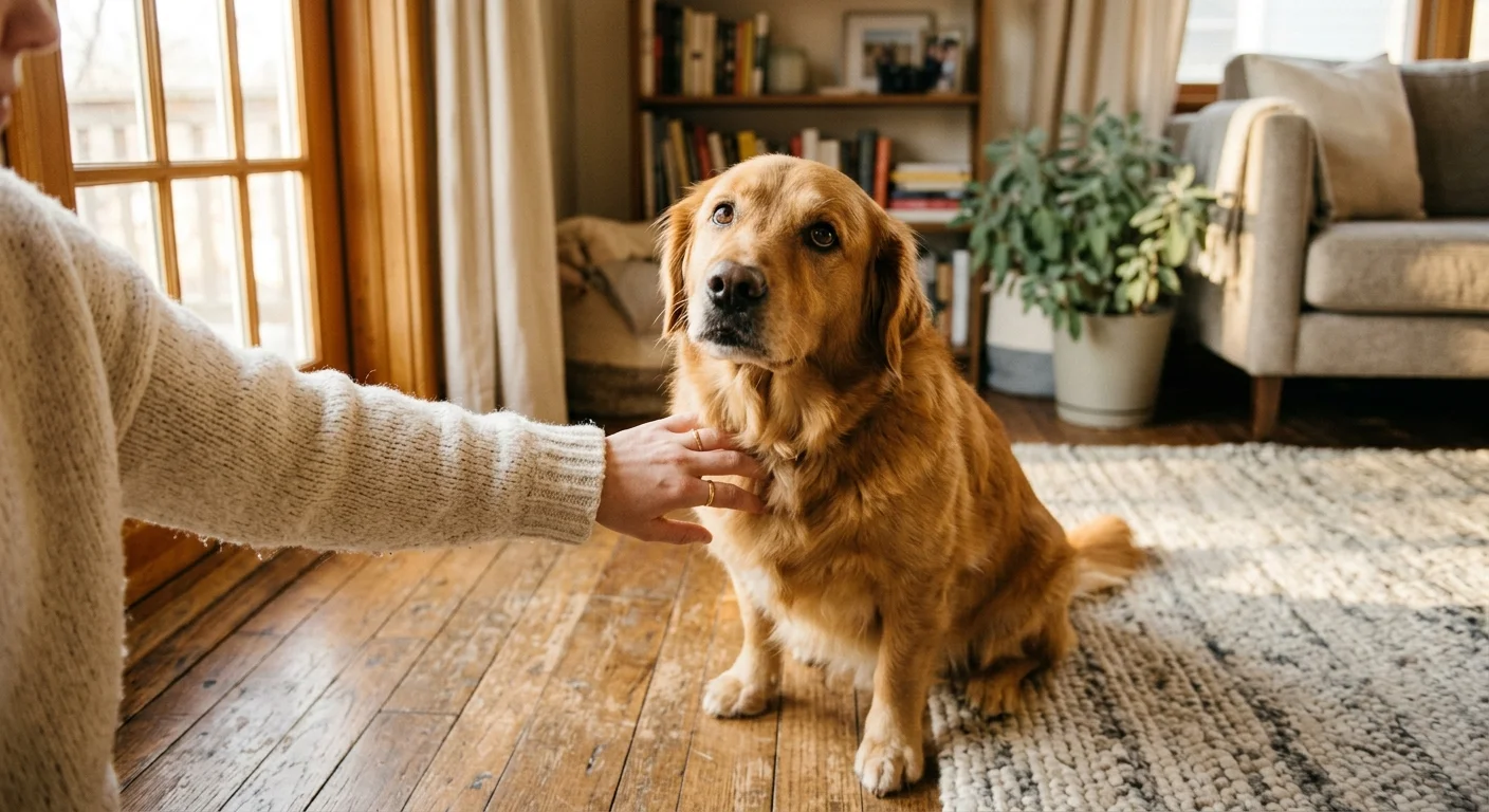 A golden-mix dog sits on a wooden floor in a sunlit living room, receiving a gentle pat from its owner.