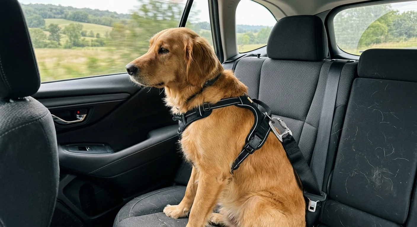 A Golden Retriever wearing a crash-tested safety harness clipped securely into a car backseat during a road trip.