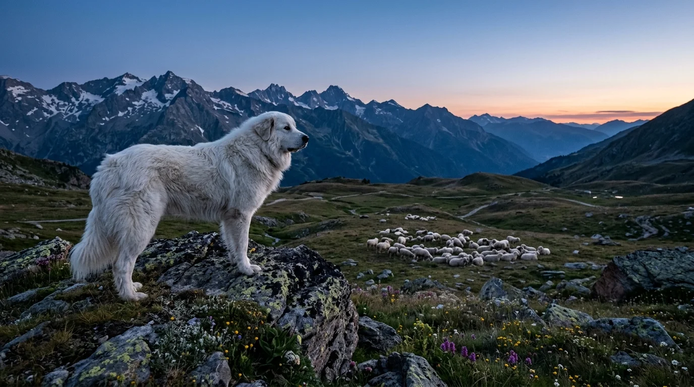 A Great Pyrenees standing guard over a flock of sheep on a mountain pasture at twilight.