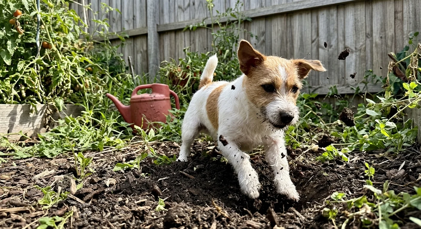 A Jack Russell Terrier enthusiastically digging a hole in a garden bed with dirt flying around it.