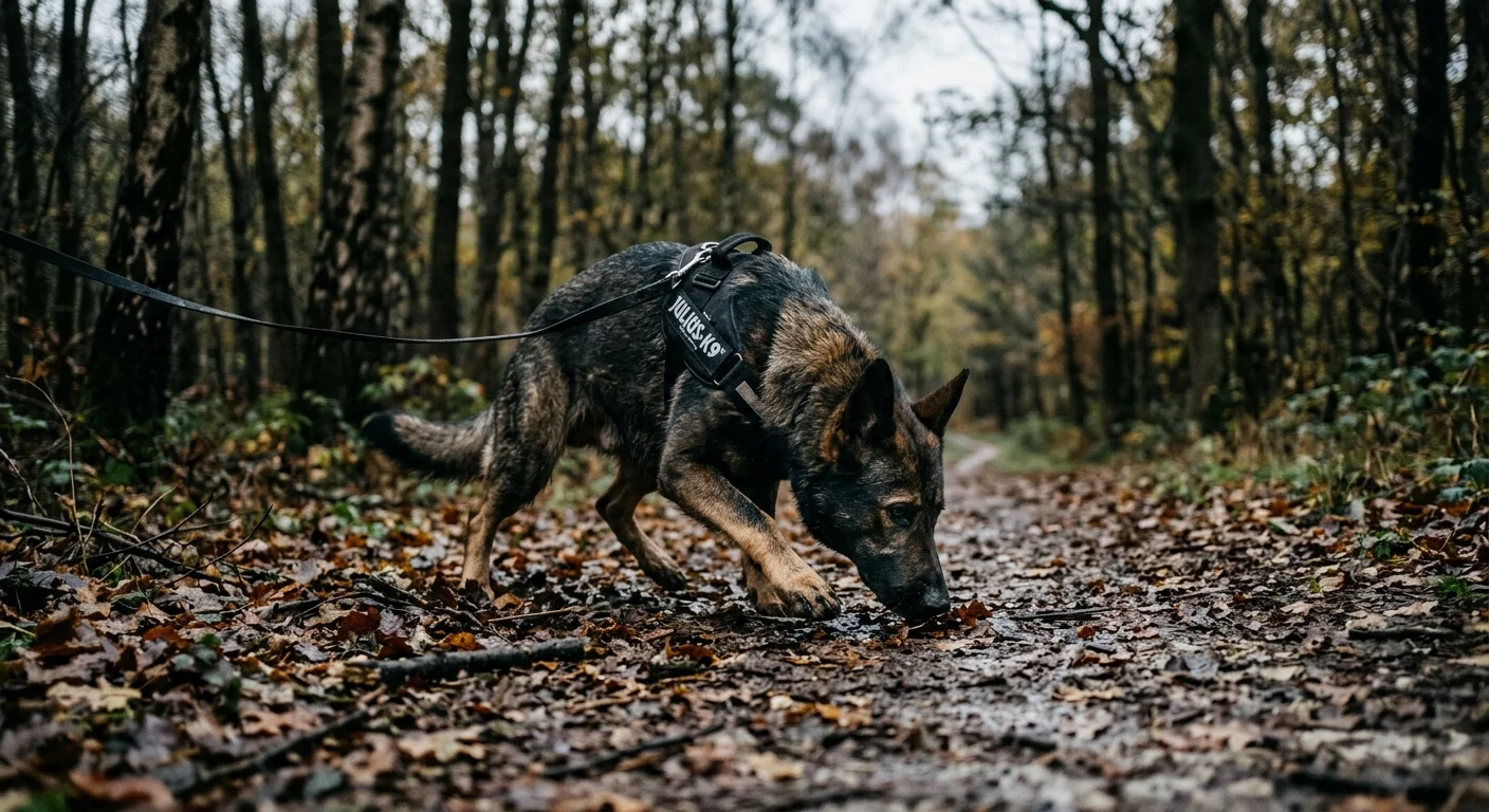 A low-angle photograph of a German Shepherd sniffing a damp forest floor covered in autumn leaves during a ground tracking exercise.