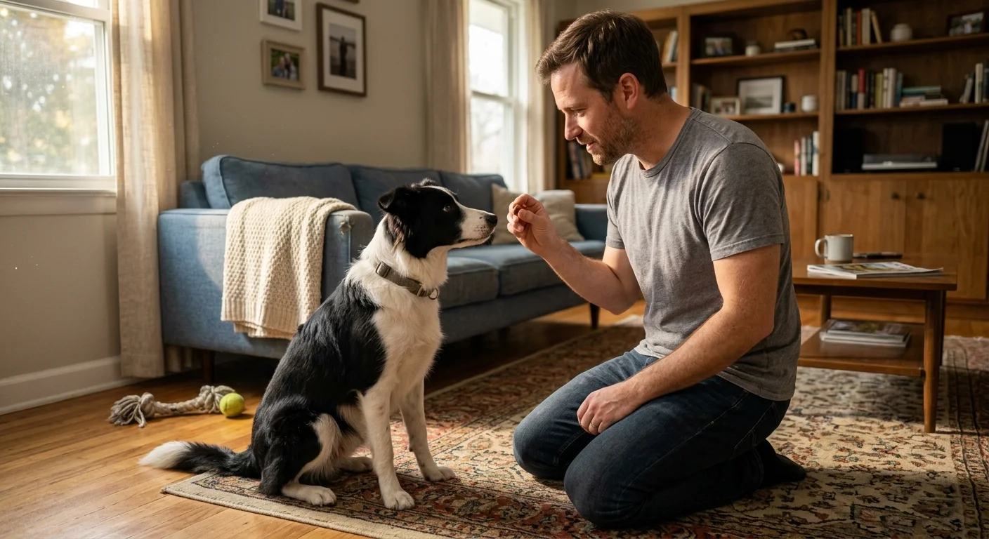 A man kneeling on a living room rug, offering a small treat to a focused Border Collie dog during a positive training session.