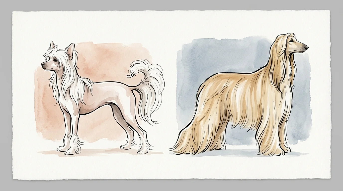 A minimalist, elegant watercolor portrait contrasting a hairless Chinese Crested with a long-coated Afghan Hound.