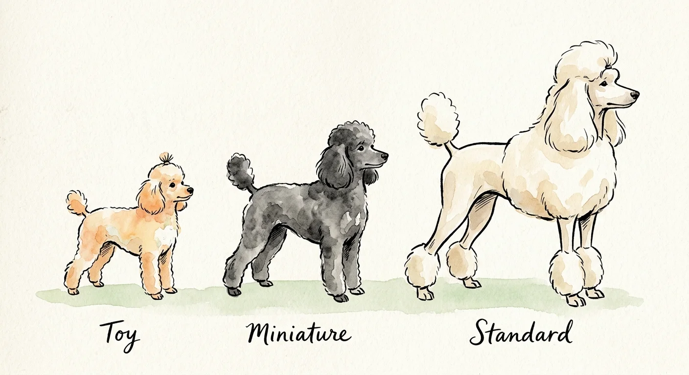 A New Yorker-style watercolor illustration showing Toy, Miniature, and Standard poodles standing side-by-side.