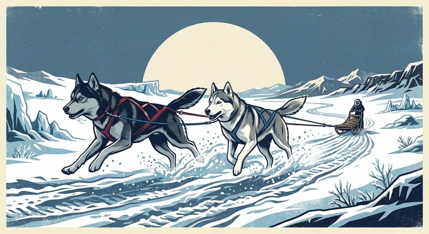 A screenprint of two Siberian Huskies pulling a sled across a snowy landscape under a low winter sun.