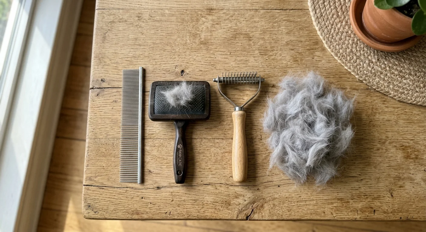 A slicker brush, metal comb, and undercoat rake laid out on a wooden table next to a pile of brushed-out grey fur.