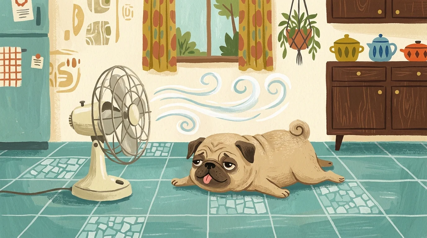 A stylized gouache illustration of a dog resting on cool floor tiles in front of a retro fan.