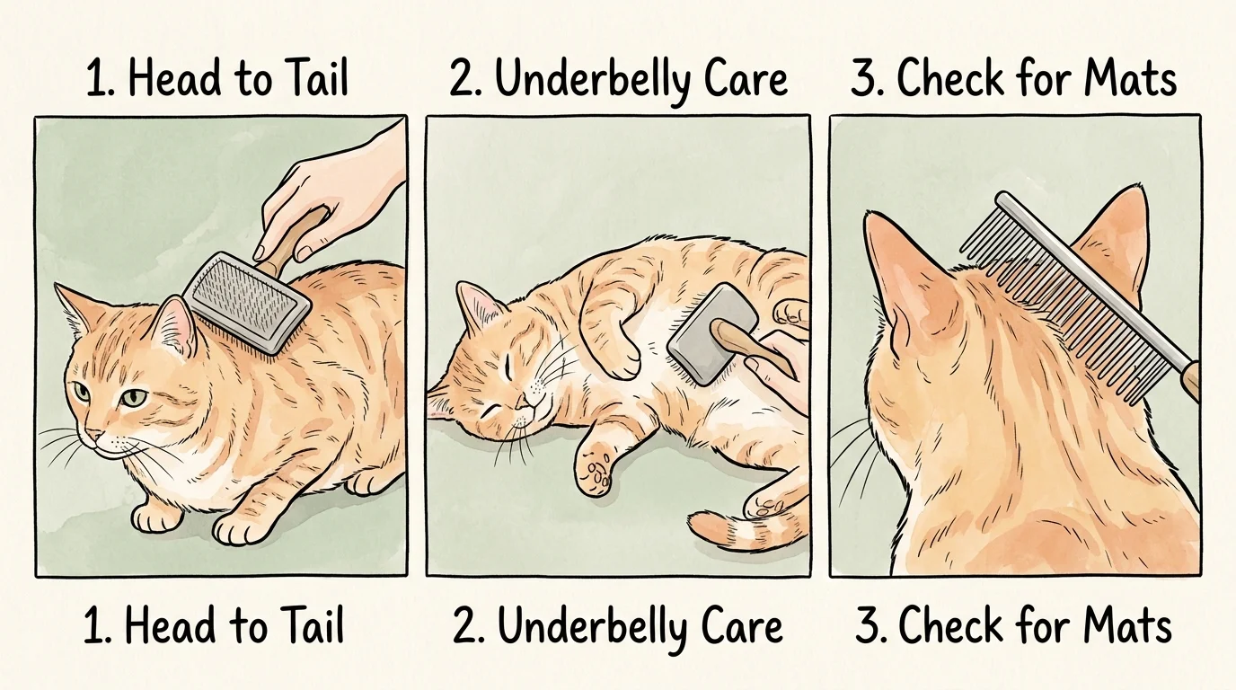 A three-panel watercolor illustration showing the steps to brush a cat: head to tail, underbelly care, and checking for mats.