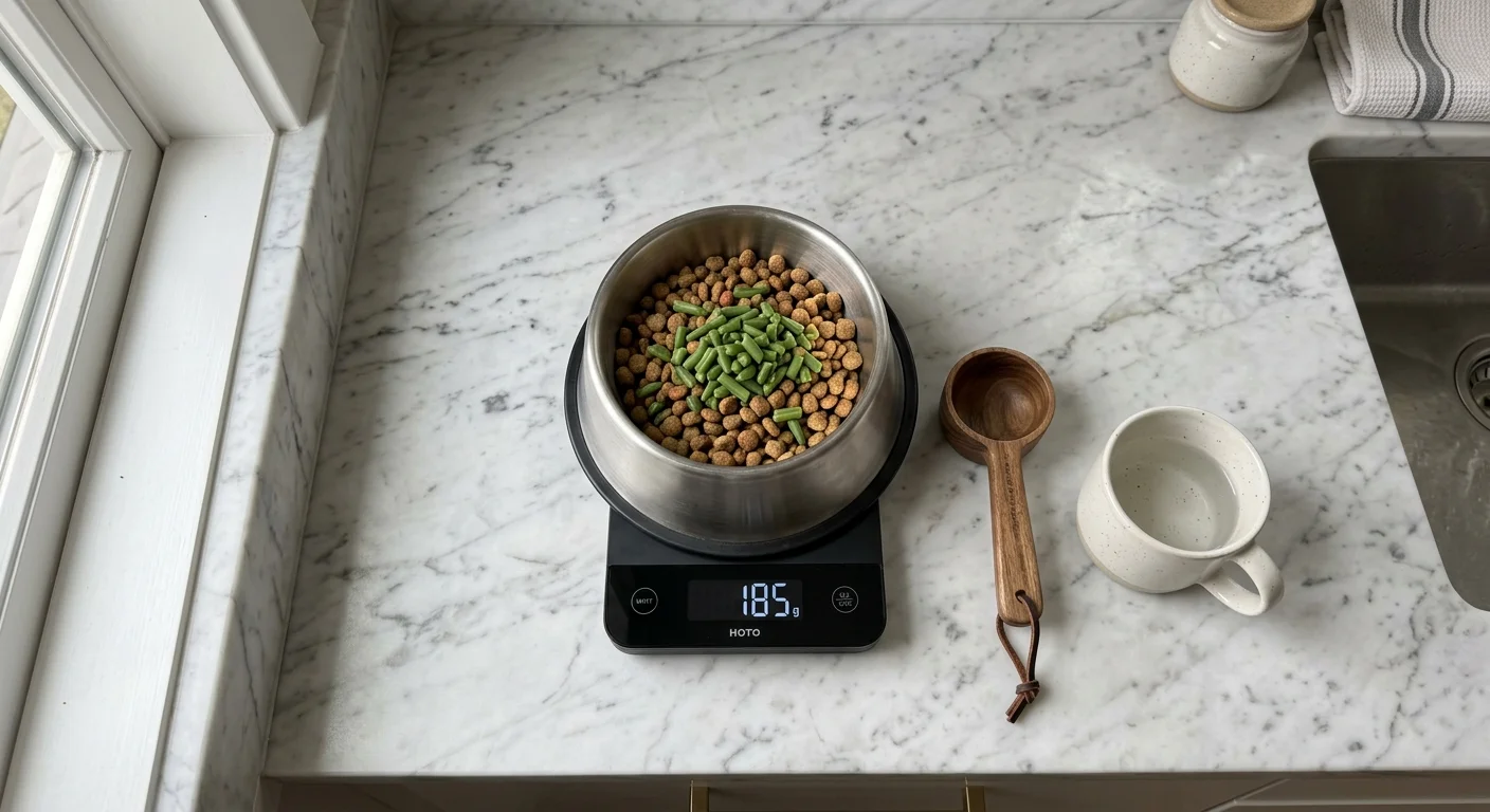 A top-down photo of a digital scale weighing a portion of dog food in a stainless steel bowl on a kitchen counter.