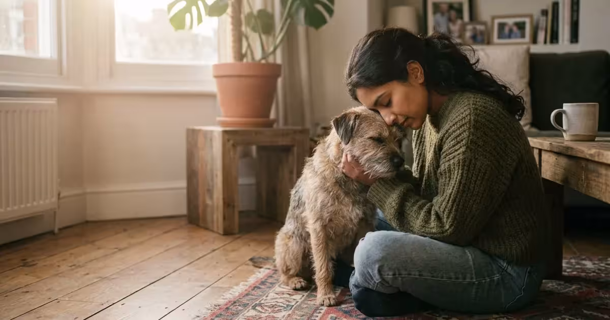A veterinarian sitting on her living room floor, sharing a warm, gentle moment with her wire-haired terrier dog in soft morning light.