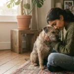 A veterinarian sitting on her living room floor, sharing a warm, gentle moment with her wire-haired terrier dog in soft morning light.