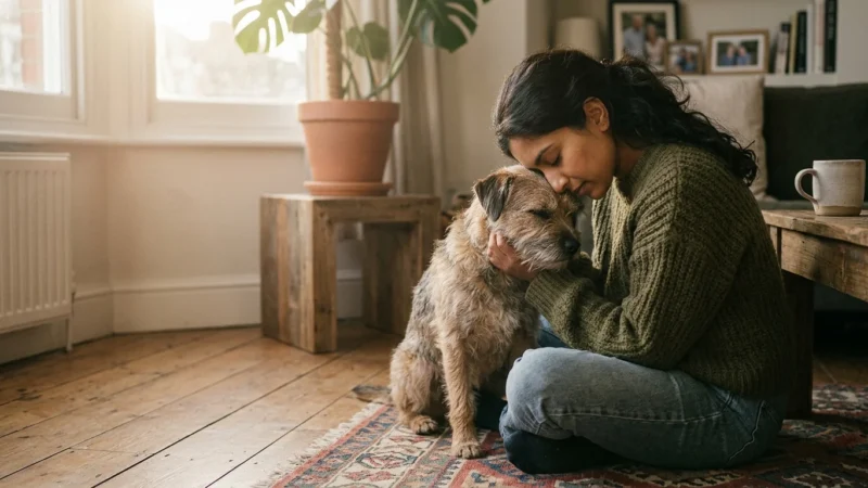 A veterinarian sitting on her living room floor, sharing a warm, gentle moment with her wire-haired terrier dog in soft morning light.