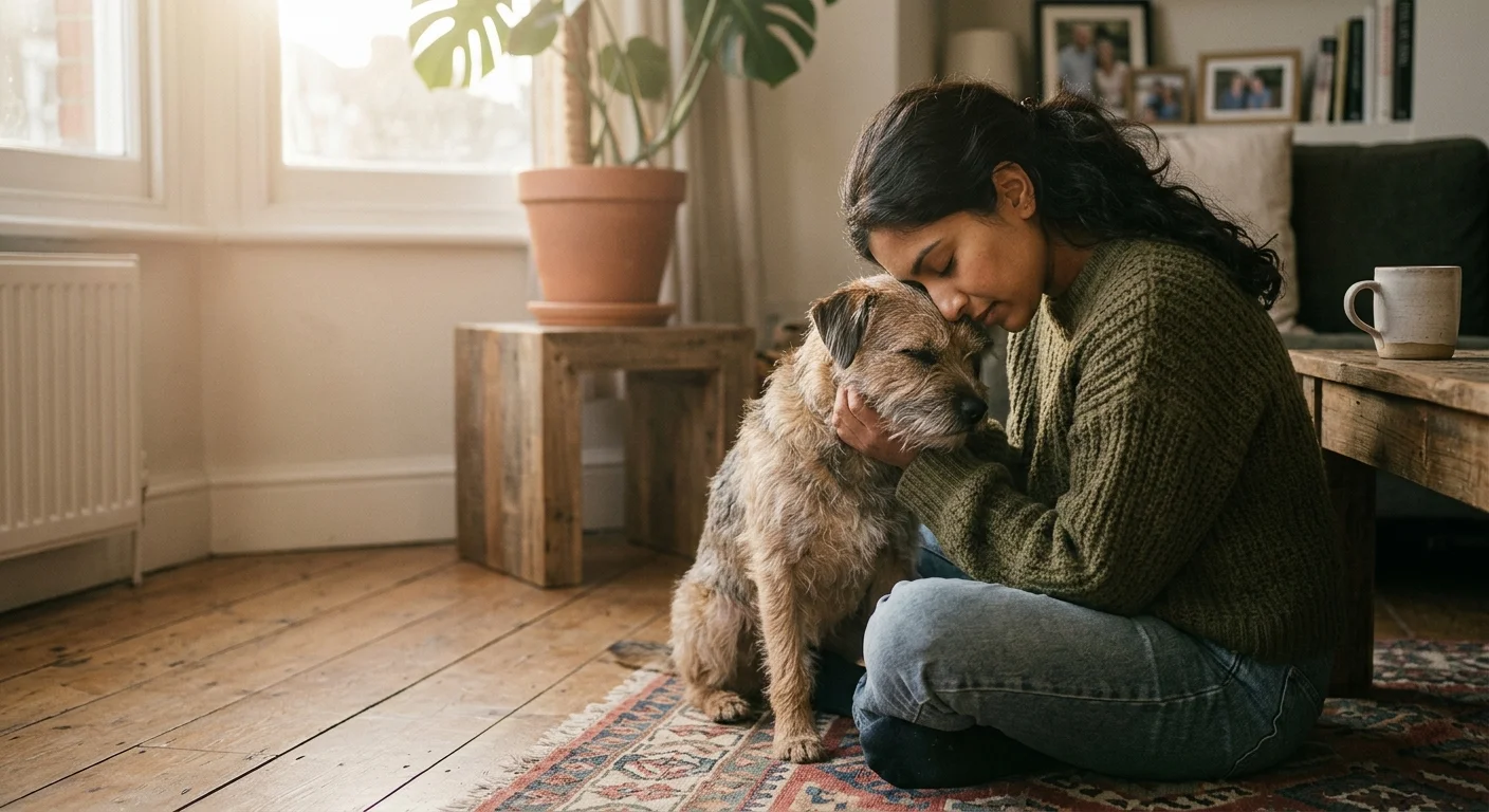 A veterinarian sitting on her living room floor, sharing a warm, gentle moment with her wire-haired terrier dog in soft morning light.
