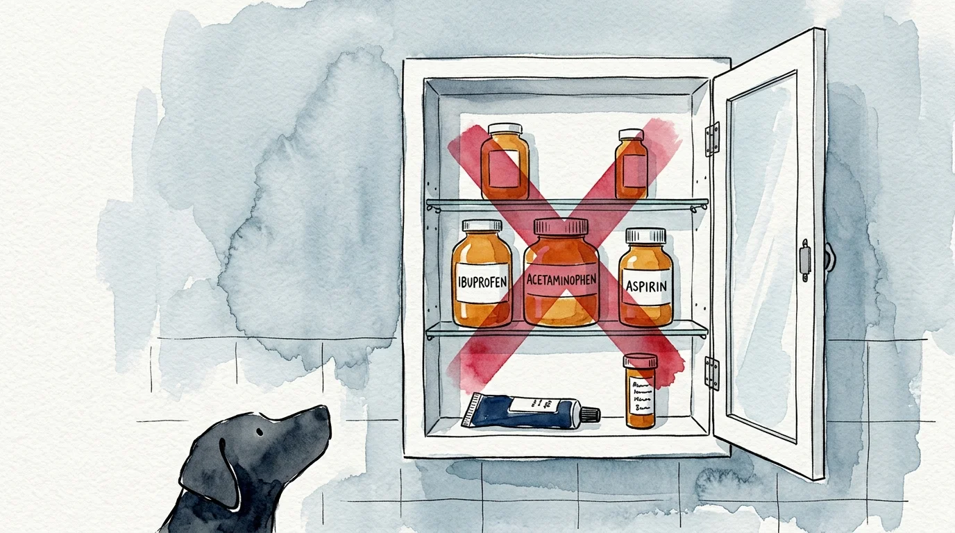 A watercolor illustration of human pain relievers in a medicine cabinet crossed out in red, with a dog silhouette watching from below.