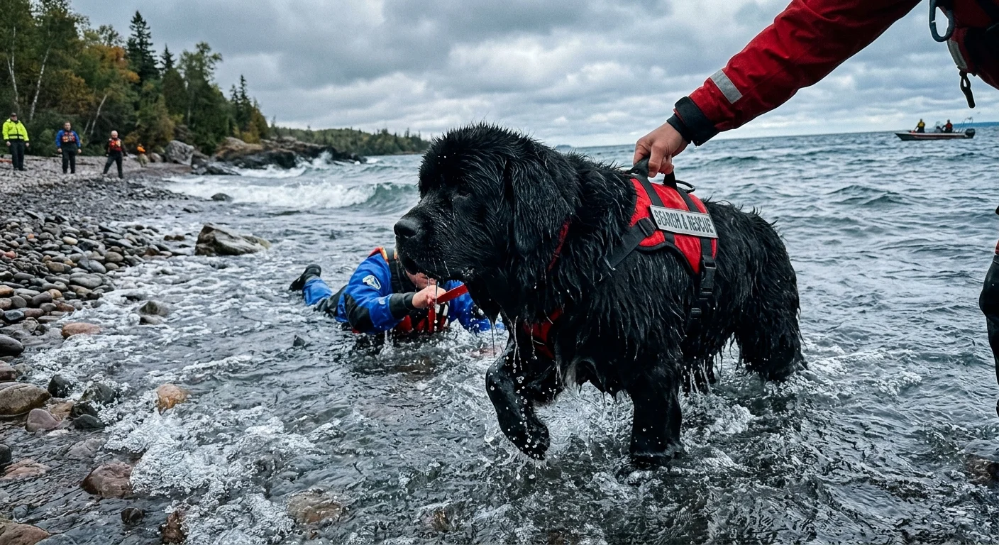 A wet Newfoundland dog wades through cold lake water near a rocky shore during a water rescue training session.
