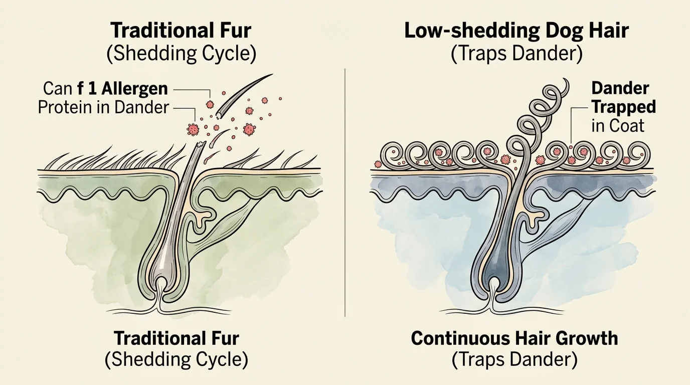 An anatomical diagram comparing traditional shedding fur releasing dander to curly low-shedding hair trapping dander.