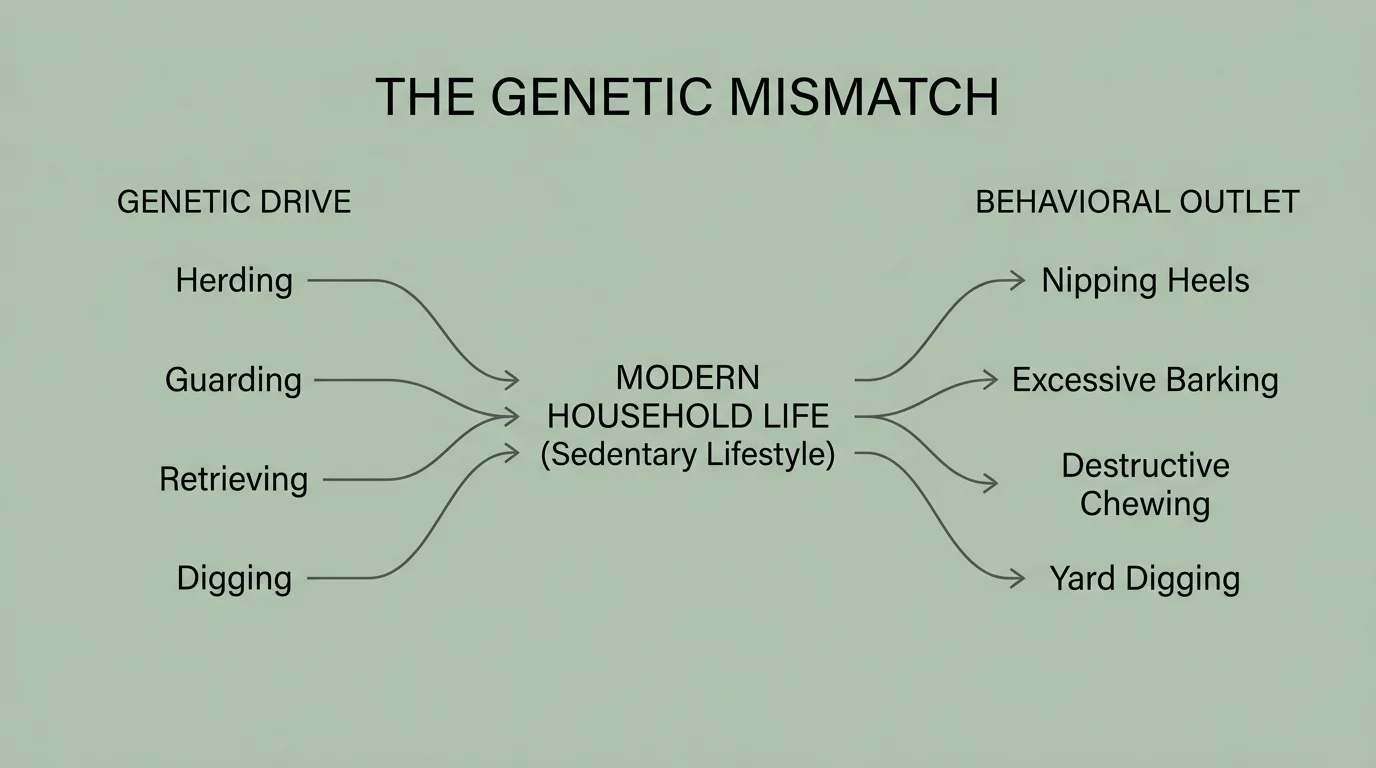 An editorial concept diagram illustrating how ancestral canine drives translate into modern domestic behavioral issues.