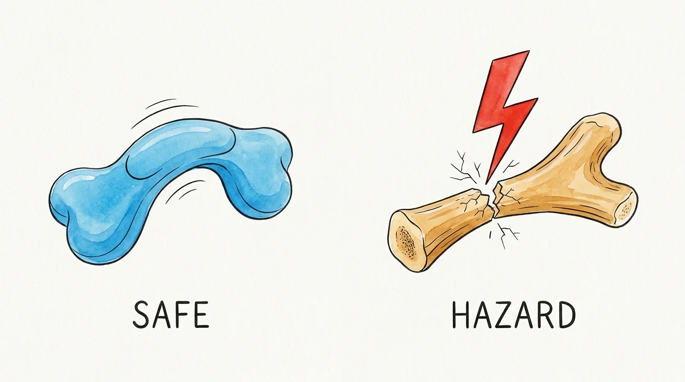 An editorial graphic contrasting a flexible rubber chew toy labeled SAFE with a hard antler bone under a red lightning bolt labeled HAZARD.