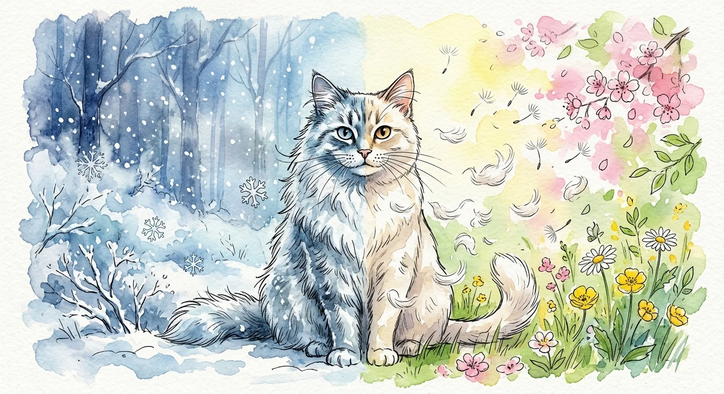 An illustration of a cat transitioning from a thick winter coat to shedding loose fur in the warm spring.