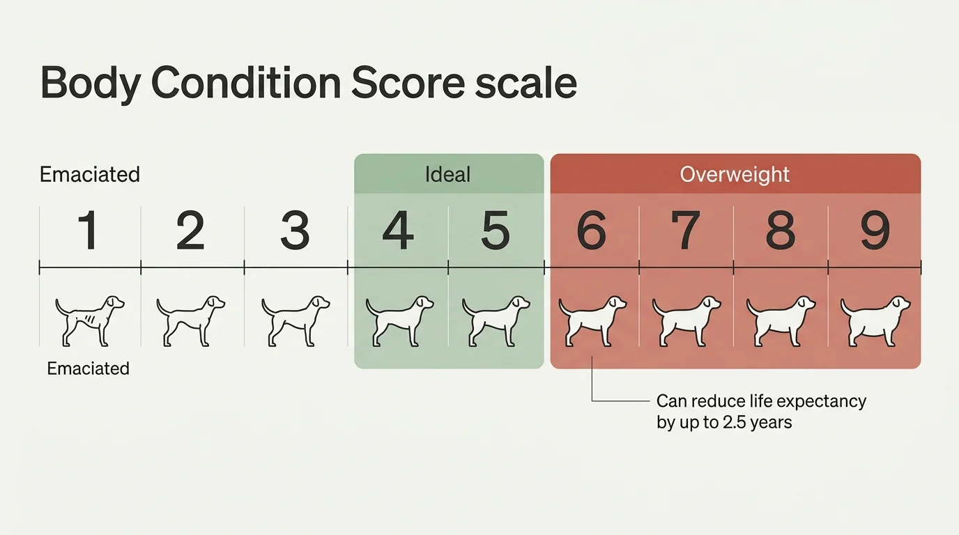 An infographic of the canine Body Condition Score scale from 1 to 9, highlighting the ideal range and risks of extra weight.