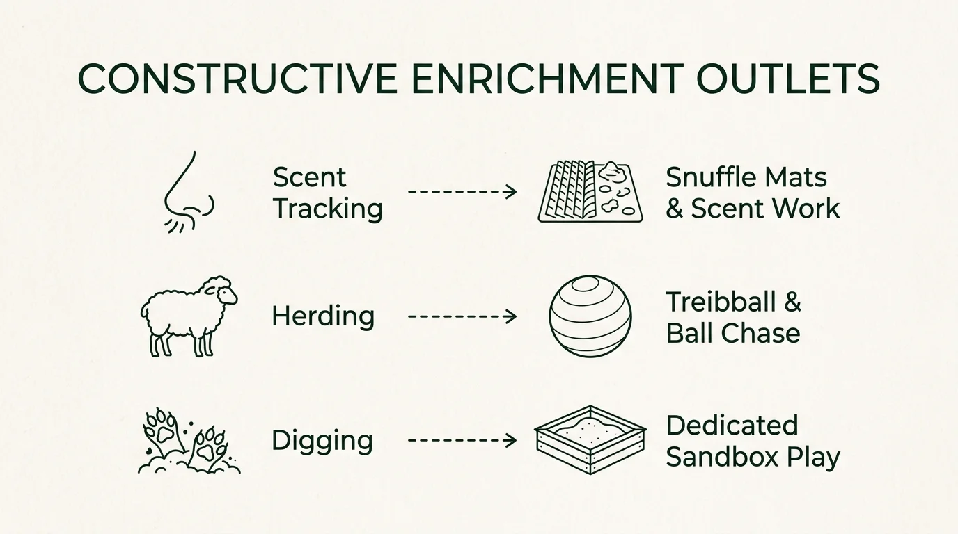 An infographic showing natural dog instincts and their corresponding constructive modern play outlets.