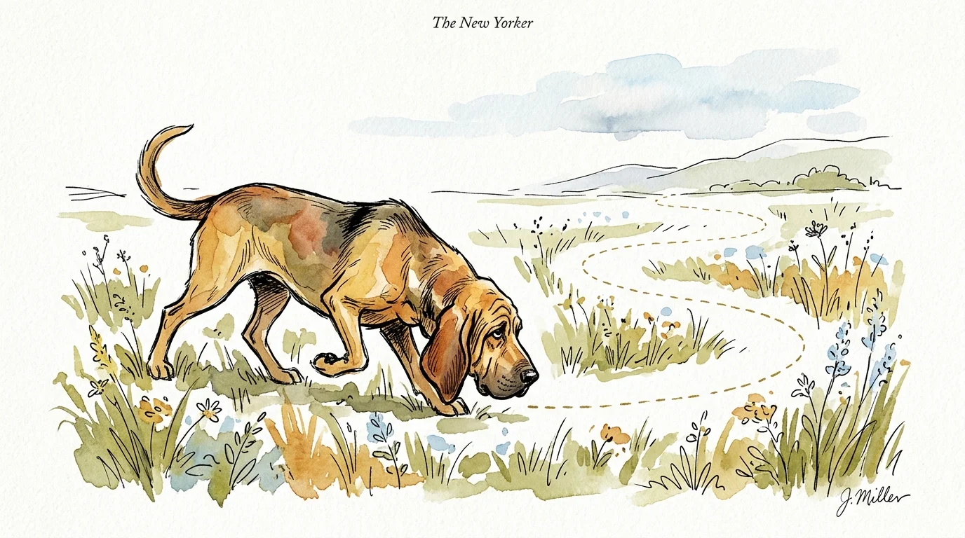 An ink and watercolor illustration of a Bloodhound sniffing the ground, following a dashed gold scent trail across a grassy meadow.