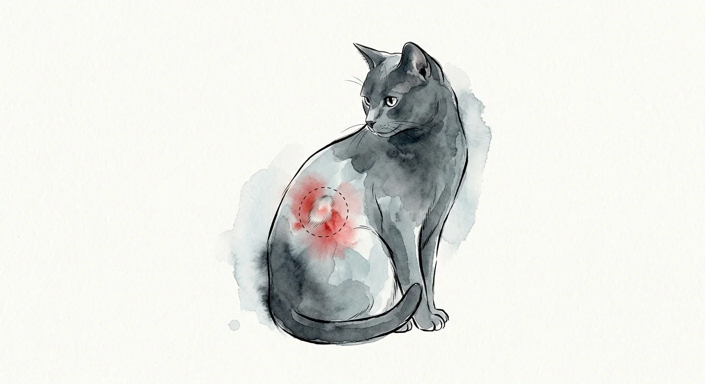 An ink and watercolor illustration of a cat with a highlighted bald patch, indicating a potential health concern.
