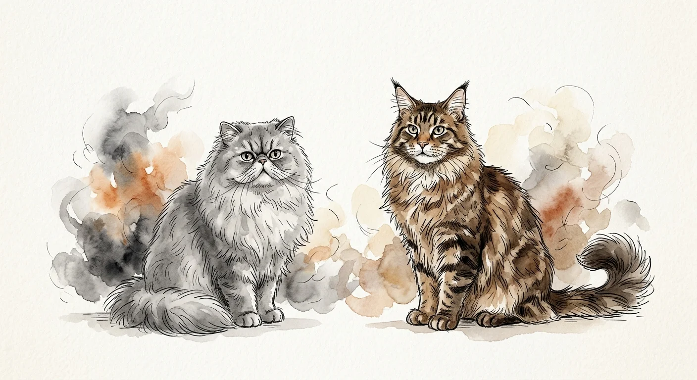 An ink and watercolor illustration of a fluffy grey Persian cat and a large brown Maine Coon side-by-side.