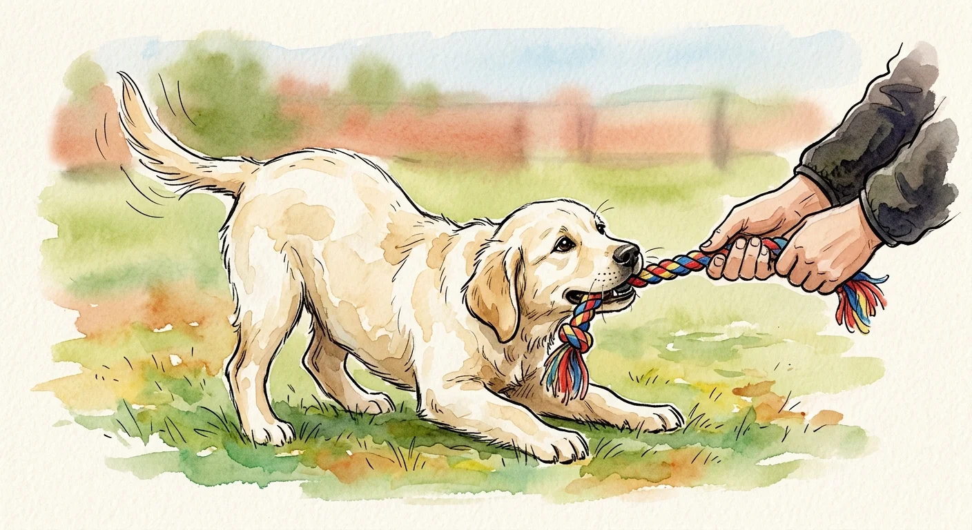 An ink and watercolor illustration of a Golden Retriever puppy playing tug-of-war with a braided rope toy held by a trainer.